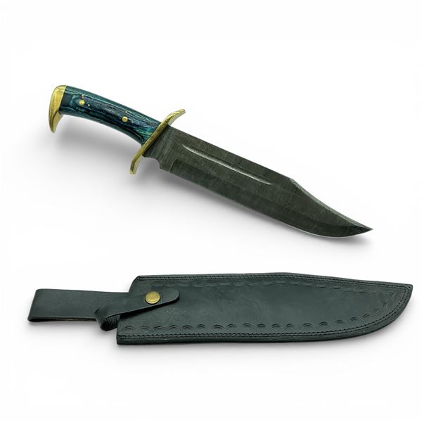 Fixed 11 1/2" Damascus Blade Knife with Wood Handle and Leather Belt Sheath