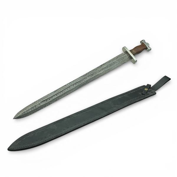 Hand Forged Damascus 26" Blade Sword with Wooden Handle and Leather Sheath, New