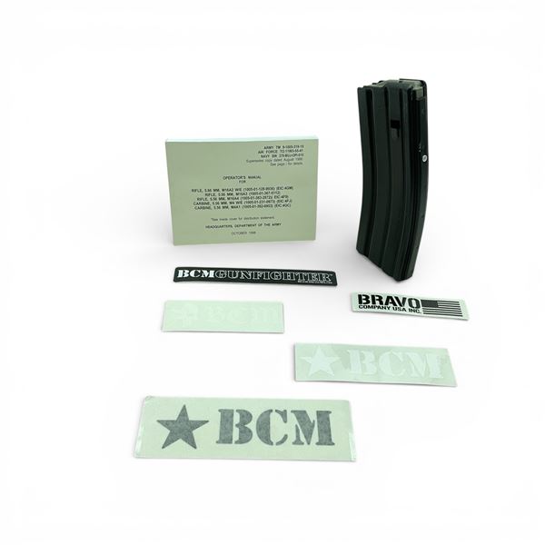 BCM 5.56 Metal Magazine, 1998 Rifle Operators Manual and BCM Stickers