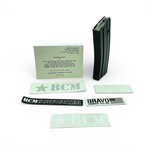 BCM 5.56 Metal Magazine, 1998 Rifle Operators Manual and BCM Stickers