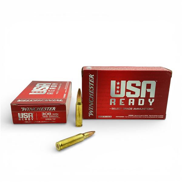Winchester USA Ready 308 Win, 168 Grain Open Tip Ammunition, 40 Rounds