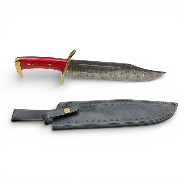 Fixed 10 1/2" Blade Bowie Knife with Red Wood Handle with Leather Belt Sheath