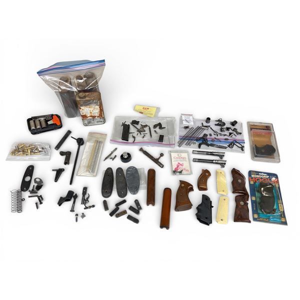 Assorted Grips, Parts and Pieces of Firearms, Base Plates, Forends, Metal Polish Liquid, Choke Tubes