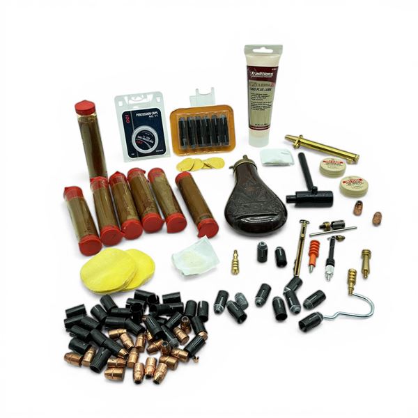 Assorted Muzzle Loading Accessories Including Percussion Caps, Powder Flask, Lubricant, etc