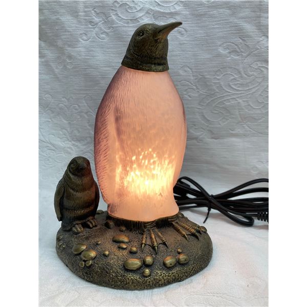 VINTAGE PENGUIN-SHAPED TABLE LAMP WITH A FROSTED GLASS BODY AND A METAL BASE
