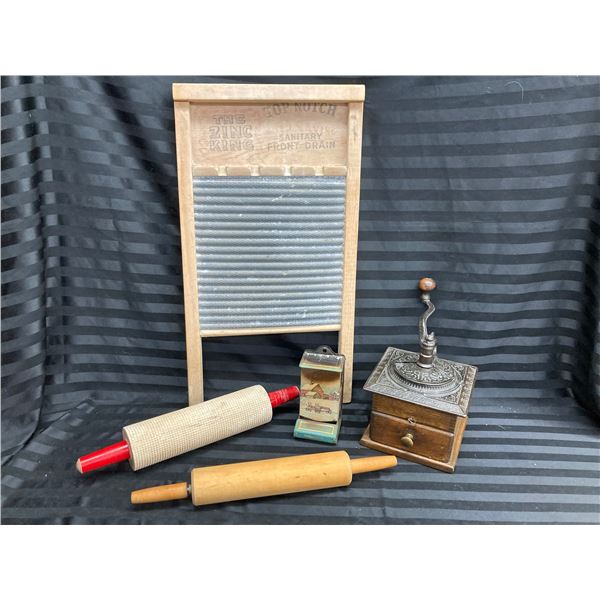 ANTIQUE COLLECTION, FEATURING A WOODEN WASHBOARD, A CAST IRON AND WOODEN COFFEE GRINDER, A JASCO MET