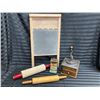 Image 1 : ANTIQUE COLLECTION, FEATURING A WOODEN WASHBOARD, A CAST IRON AND WOODEN COFFEE GRINDER, A JASCO MET