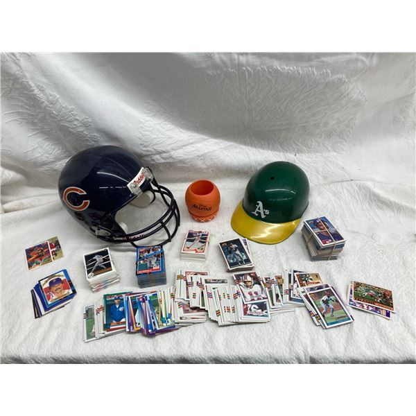 COLLECTION OF SPORTS MEMORABILIA, INCLUDING TWO MINIATURE HELMETS AND NUMEROUS TRADING CARDS