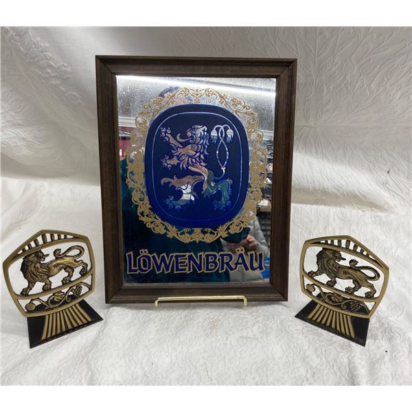 VINTAGE WOOD-FRAMED LÖWENBRÄU BEER MIRROR AND LION BOOKENDS