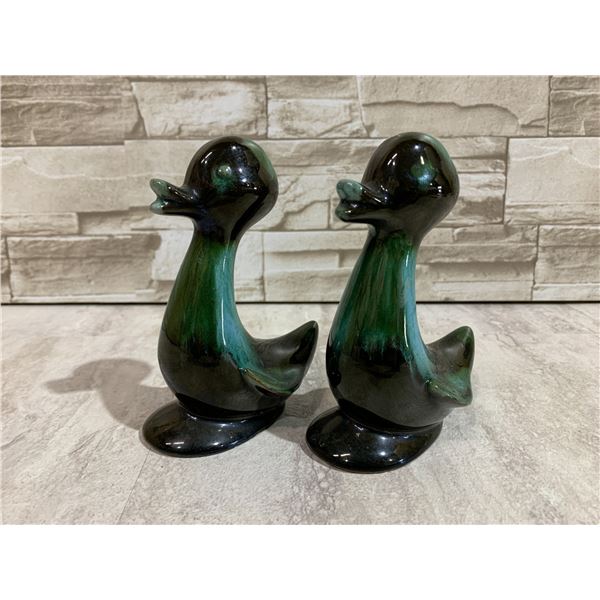 Vintage Blue Mountain Pottery Ducks Figurines in Companys Signature Green And Black Drip Glaze