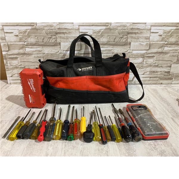 Husky Tool Bag With a Large Lot of Screwdrivers and Milwaukee Bits