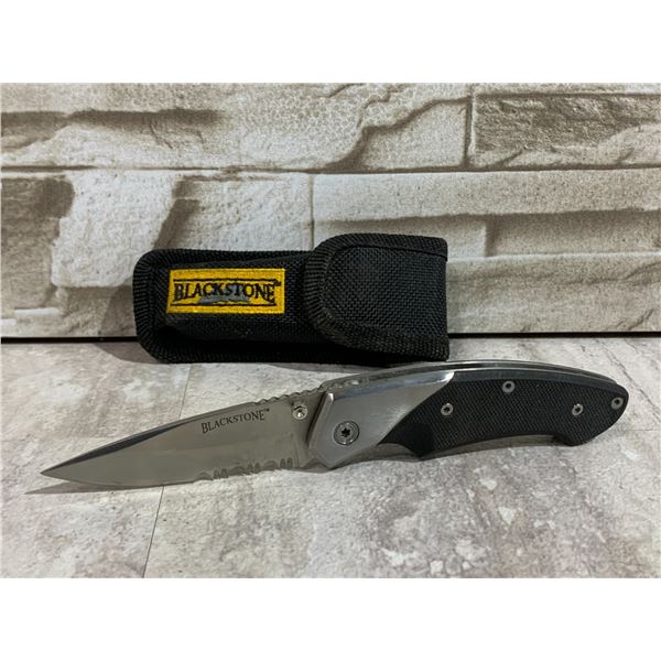 Blackstone Folding Pocket Knife w/ Partial Serration & Nylon Belt Pouch