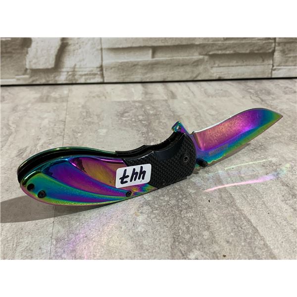 Rainbow Titanium-Style Folding Pocket Knife (Handle Will Need Repair)