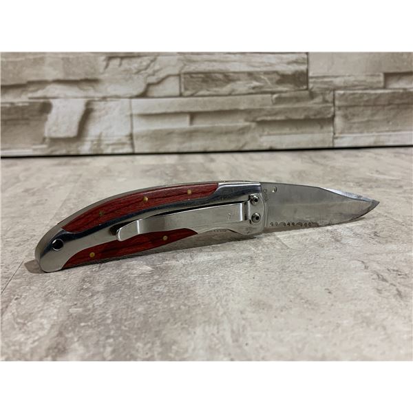 Folding Pocket Knife w/ Wood Inlay Handle (Has promotional marking on it)