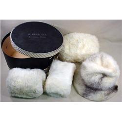 FUR HAT AND 3 MUFFS IN VINTAGE HAT BOX - Hat Box f