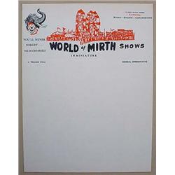 VINTAGE WORLD OF MIRTH SHOWS LETTER HEAD - Circus 