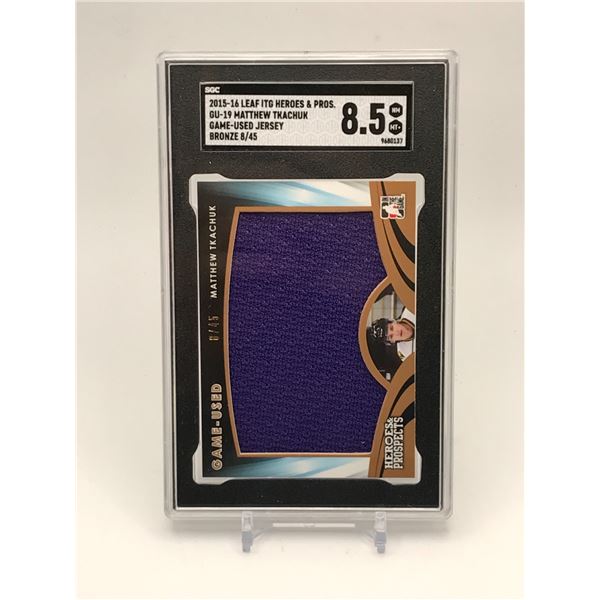 2015-16 LEAF ITG HEROES AND PROS MATTHEW TKACHUK GAME USED JERSEY BRONZE 8/45 SGC GRADE 8.5