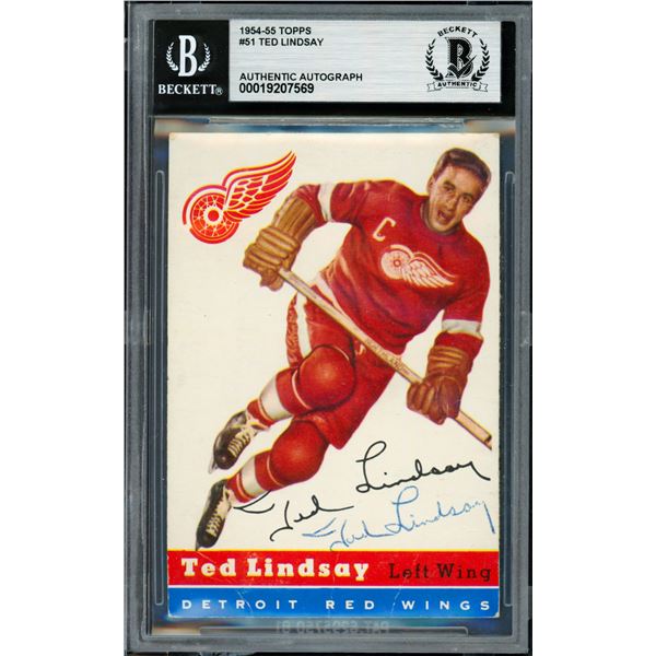 1954-55 TOPPS TED LINDSAY SIGNED TRADING CARD - BECKETT COA