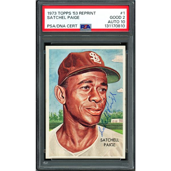 1973 TOPPS '53 REPRINT SATCHEL PAIGE SIGNED TRADING CARD - PSA/DNA COA