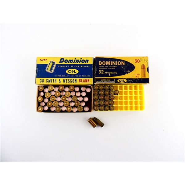 COLLECTIBLE ASSORTED DOMINION .32 AUTO AMMUNITION AND .38 SMITH & WESSON BLANKS LOT