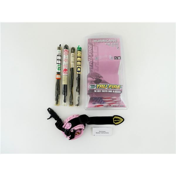 TRU-FIRE HURRICANE PINK SERIES HYBRID ARROW RELEASE AND ASSORTED BOW STRINGS LOT