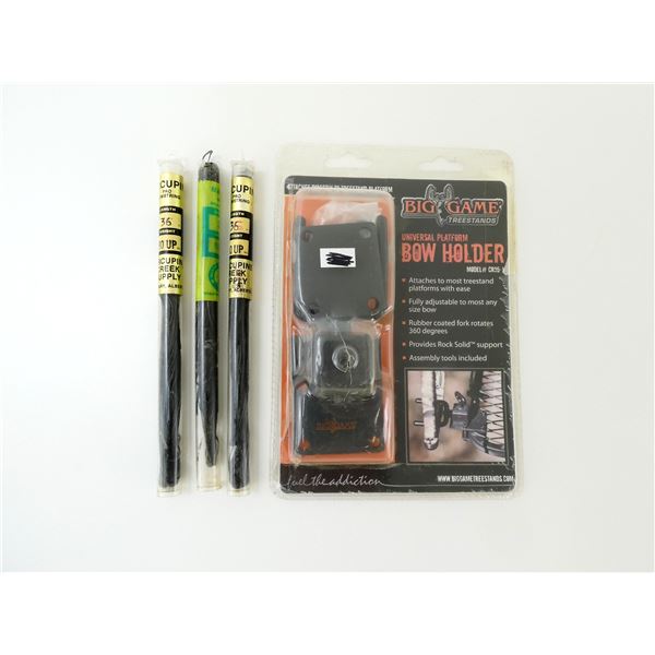 ASSORTED PORCUPINE AND MARTIN PRO BOWSTRINGS AND BIG GAME UNIVERSAL PLATFORM BOW HOLDER LOT