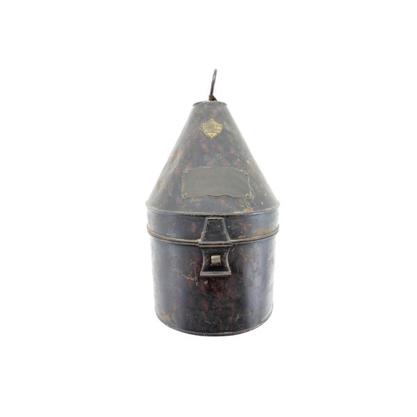 LATE 1800'S / EARLY 1900'S NAMED BRITISH ARTILLERY HEAD WEAR STORAGE TIN