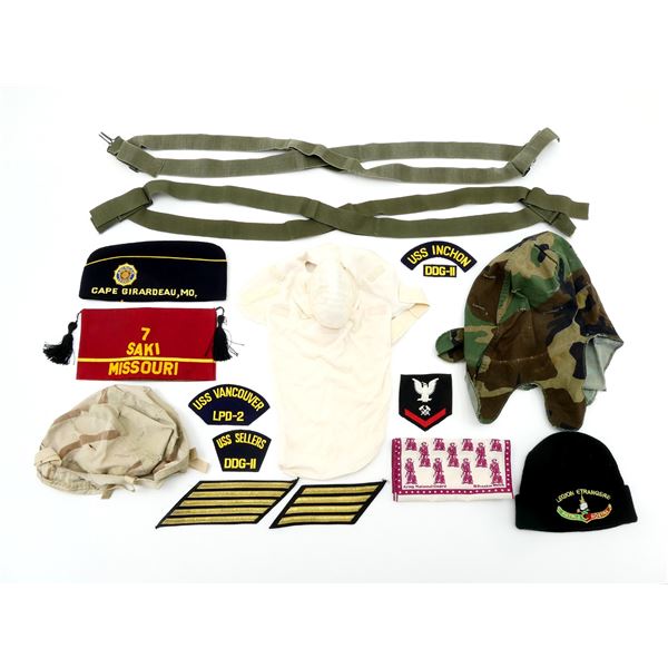 ASSORTED MILITARY / LEGION HATS, FACE MASK, HELMET COVERS, ETC. LOT