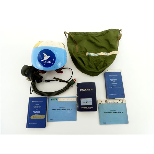 CANADIAN MILITARY DH-41-2 FLIGHT HELMET AND LOG BOOKS, ETC. LOT
