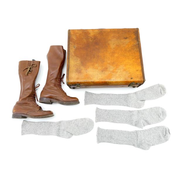 CANADIAN MILITARY STYLE BROWN LEATHER BOOTS WITH LEATHER SUITCASE, ETC. LOT
