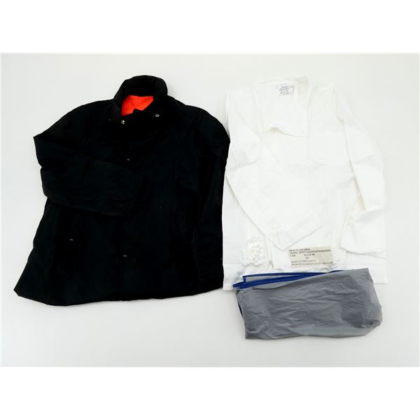 ASSORTED MILITARY STORM COAT AND CATERING STAFF JACK LOT