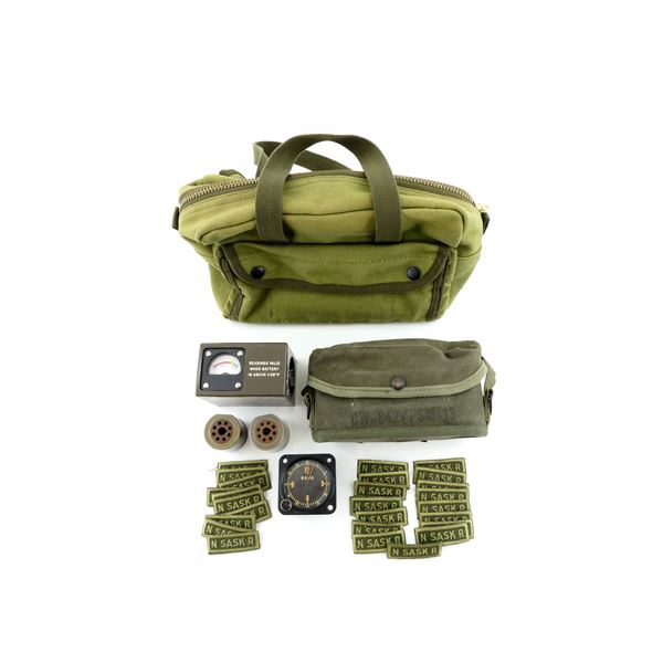ASSORTED MILITARY RADIO BATTERY TESTER, CLOCK, SHOULDER FLASHES, ETC.