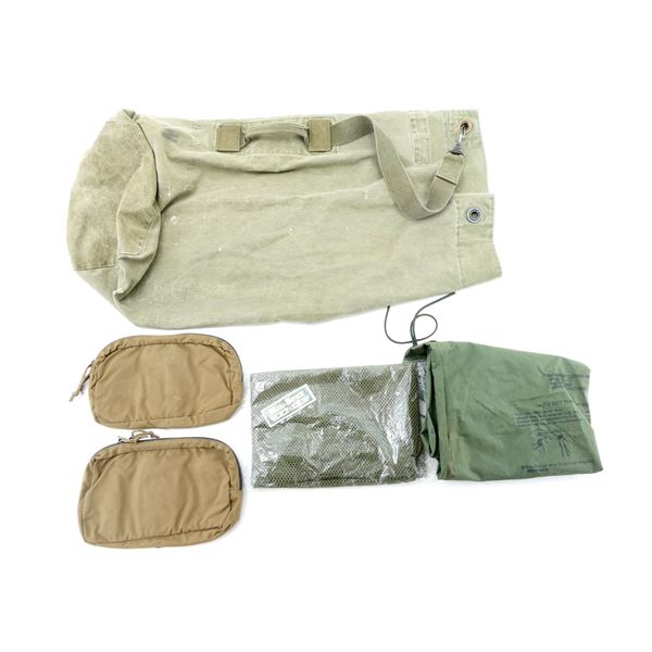 ASSORTED U.S. MILITARY / MILITARY STYLE DUFFLE BAG, POUCHES, ETC. LOT