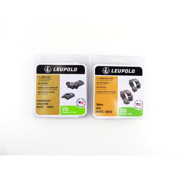 LEUPOLD BROWNING A-BOLT RVR STANDARD 2-PIECE BASE AND 30MM HIGH RINGS LOT