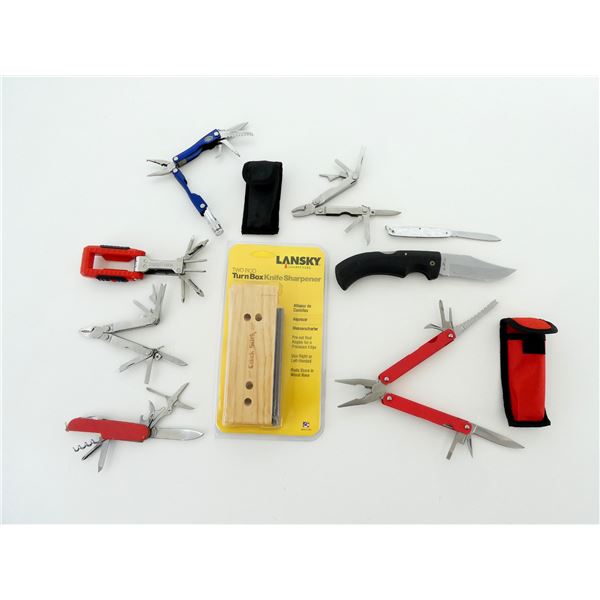 LANSKY TWO ROD TURN BOX KNIFE SHARPENER / GERBER FOLDING KNIFE / ASSORTED MULTI-TOOLS LOT