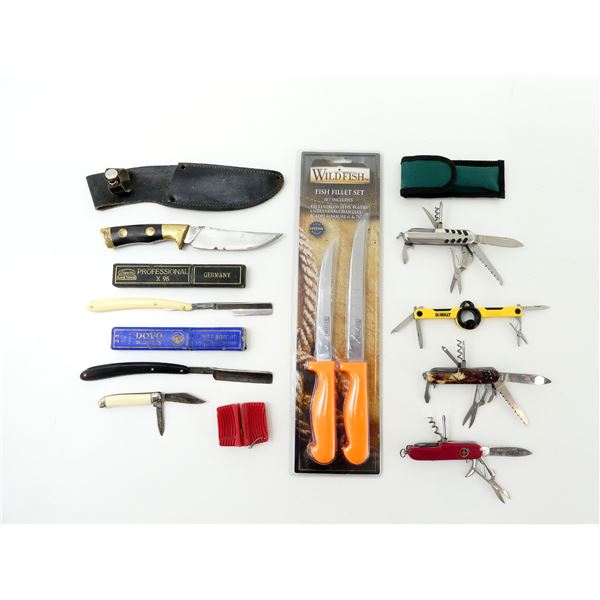 ASSORTED KNIVES / STRAIGHT RAZORS / MULTI-TOOLS LOT