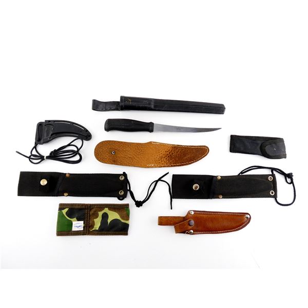 FALCON FILLET KNIFE AND ASSORTED SHEATHS LOT