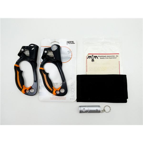 PETZL LEFT-HANDED ASCENDERS AND BLACKHAWK INDUSTRIES INC. TRAVEL WALLET LOT