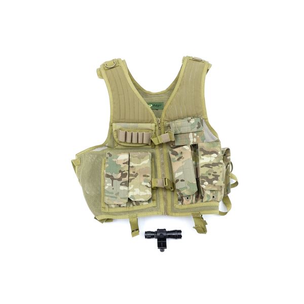 COMP CAMO TACTICAL STYLE VEST AND MA3TY TACTICAL FLASHLIGHT LOT