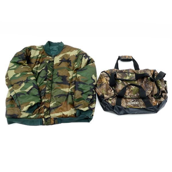 CAMO COAT AND REDHEAD CAMO DUFFLE BAG LOT