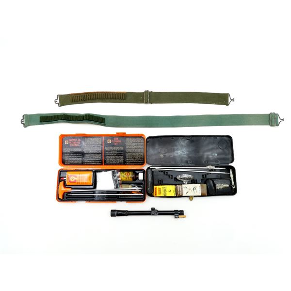 ** PICK UP ONLY ** ASSORTED GUN CLEANING KITS / TASCO 4X15MM SCOPE / AMMO BELTS LOT