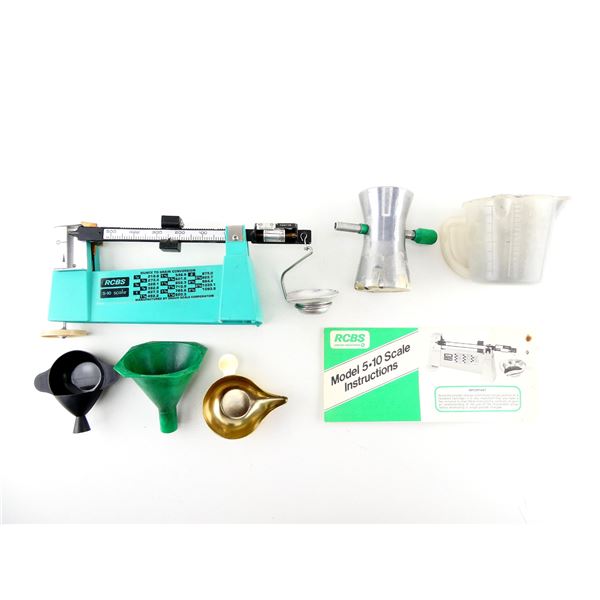 RCBS MODEL 5-10 RELOADING SCALE/ POWDER TRICKLER / FUNNELS / ETC. LOT