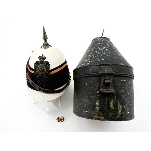 PRE-1900'S CANADIAN 49TH HASTING RIFLE REGIMENT PITH HELMET AND TIN LOT