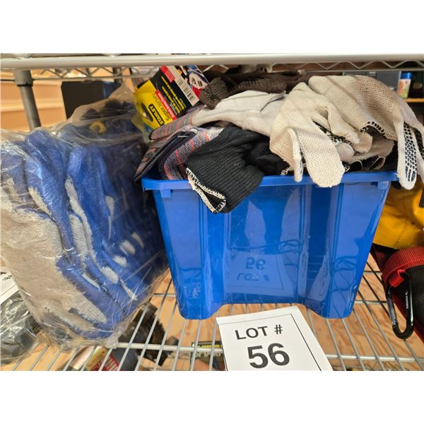 ASSORTED WORK GLOVES LOT WITH STORAGE BIN