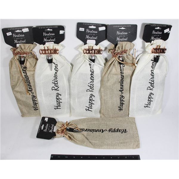 SIX 13" GIFT BAGS WITH BOTTLE STOPPERS