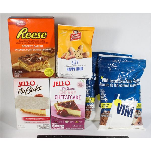 BOX OF BAKING MIXES & POWDERED MILK, SNACK MIX