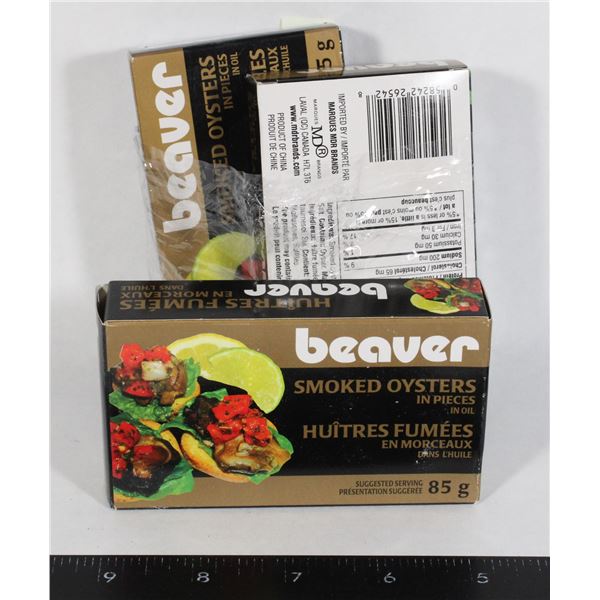 3 CANS OF BEAVER SMOKED OYSTERS IN OIL