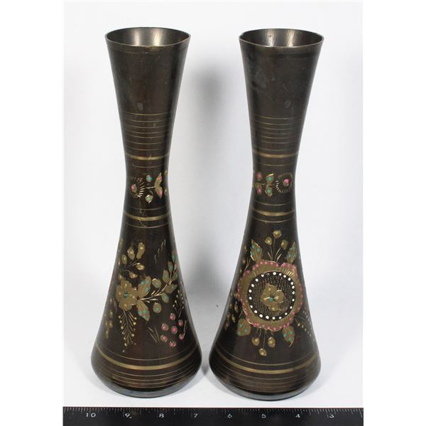 PAIR OF ETCHED BRASS VASES
