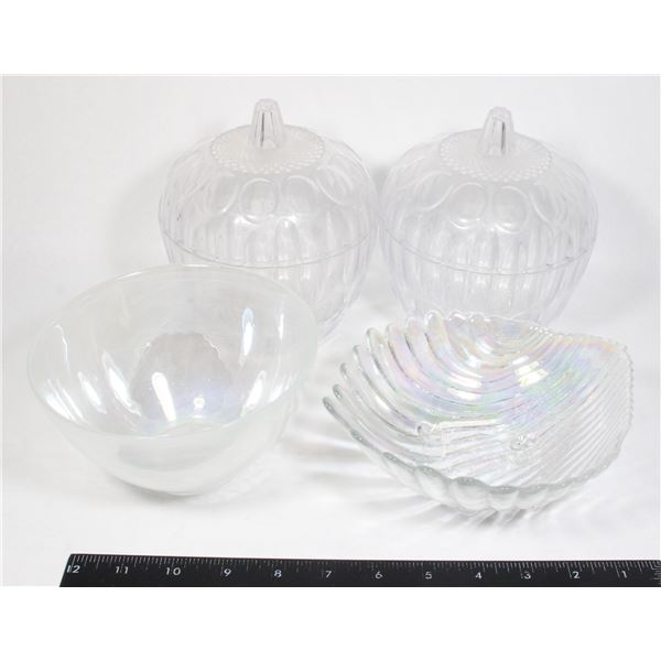 TWO PLASTIC CANDY DISHES AND TWO IRIDESCENT GLASS