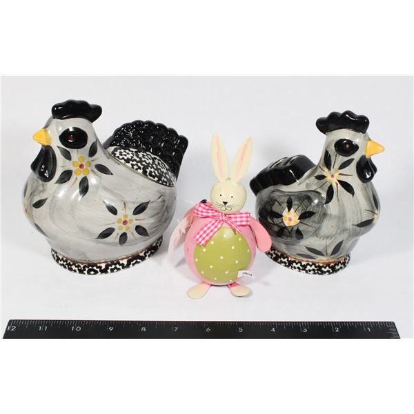 PAIR OF CERAMIC CHICKENS, PLASTIC BUNNY